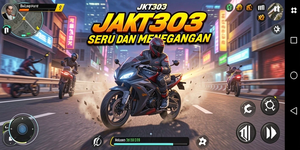 Screenshot gameplay menampilkan aksi balapan motor yang intens.