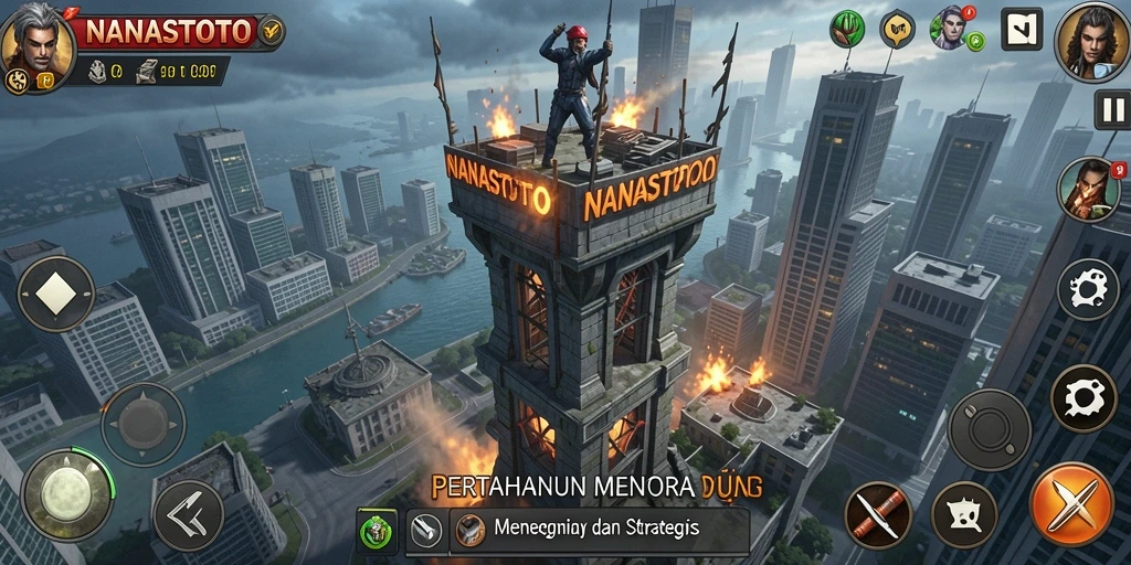 Tampilan seru gameplay Tower Defense di NANASTOTO dengan menara dan musuh.